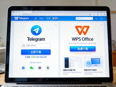 电脑屏幕上并列显示Telegram和WPS Office官方网站的下载页面截图