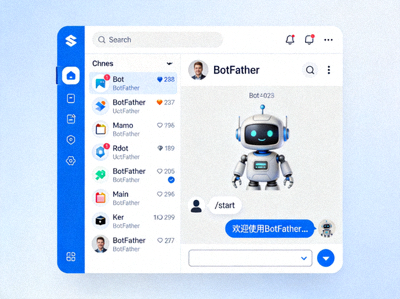Telegram高级功能界面展示频道列表和机器人BotFather的对话设置