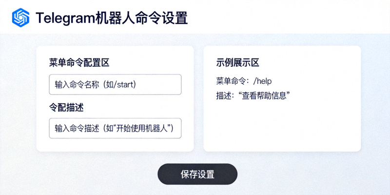 Telegram机器人命令设置界面示意图，展示如何配置菜单命令和描述