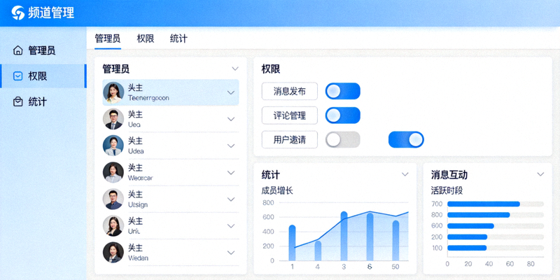 Telegram频道管理设置界面截图，展示管理员、权限和统计选项