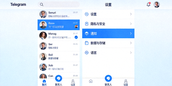 Telegram 应用界面截图展示聊天列表和设置菜单