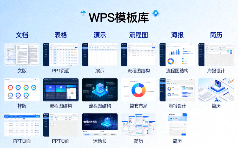 WPS模板库总览界面，展示各类别模板缩略图