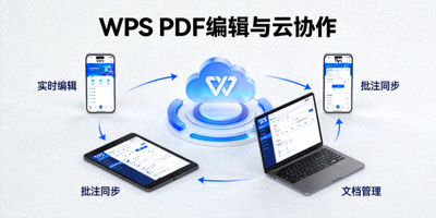 WPS PDF编辑与云协作概念图，展示多设备同步