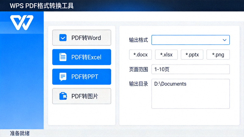 WPS PDF格式转换工具界面，展示转换选项和设置