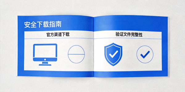 一本打开的安全下载手册概念图，上面有电脑、盾牌和勾号图标