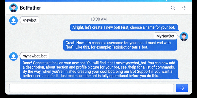 与BotFather机器人对话的截图，展示创建新机器人的命令和选项